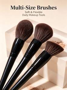 3pcs Large Makeup Brush Set, Soft Fluffy Fiber Bristles With Black Handle, Suitable For Loose Powder, Blush, Contour, Highlighter, Daily Makeup Tool - Multicolor - View 9
