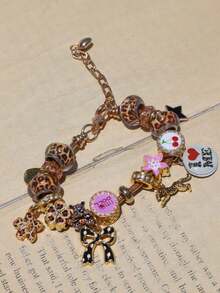 1pc Leopard Print Cherry Blossom Bow Polka Dot Charm Bracelet, Love Yourself Slogan Bracelet, Leopard Heart Music Festival Bracelet - Gold - View 6