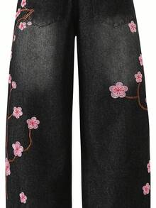 Tween Girl Black Denim Jeans Fashion New Cherry Blossom Embroidered Loose Wide Leg Casual Pants Suitable For Spring Summer Autumn Winter - Black - View 5