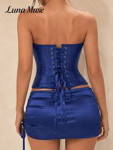 Luna Muse Women's Spring/Summer New Fashion Corset Top With Zipper, Push-Up Bustier, Black Strapless Corset, Autumn Black Bustier, Sexy Vintage Boned Shapewear, Short Length, Elegant Slim Fit, High-End Style, Suitable For Daily, Party, Vacation, Casual, Date, Street, Performance, Show, Outdoor, Back To School, Punk Style, Thanksgiving, Music Festival, Valentine's Day, Halloween, Christmas, New Year, Party - Blue - View 3