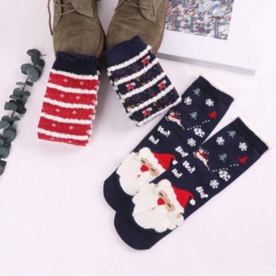 A 3-Pack Of Adorable Colorful Santa Claus Fleece Stockings For Autumn And Winter. Three Different Looks, Very Versatile, Featuring Festive Patterns, Perfect For Christmas. - 3pcs - View 1