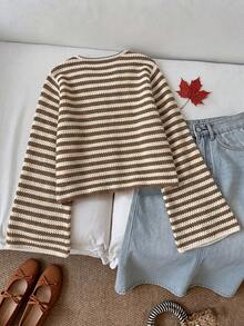 Lurzo Girls' Autumn/Winter Casual Colorblock Striped Bow V-Neck Flared Sleeve Crop Top, Unique Soft Striped Fabric, Suitable For Daily School And Gatherings - Brown - View 4
