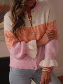 Women's Plus Size Colorblock Casual Versatile Daily Wear Cardigan - Multicolor - View 1