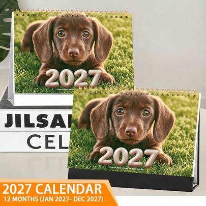 Adorable Puppy 2D Cover Desk Calendar 2027, 12-Month Full Record (January - December). Fresh Design, Puppy Lying On Green Grass, Full Of Cuteness. Suitable For Daily Office, School And Company Scenes, Helping You Easily Plan Your Schedule And Monthly Planning, Adding A Touch Of Cuteness To Your Life.