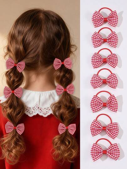 5pcs/10pcs Girls Red & White Plaid Bow Hair Ties, Children's Sweet Red Plaid Fabric Hair Ropes, Cute Hair Elastic Hair Accessories