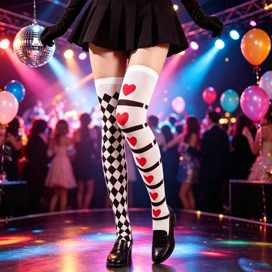 Halloween Asymmetrical Over-The-Knee Socks | Heart And Diamond Print, Personalized, Elastic Fit, Comfortable And Breathable | A Pair Of Dress Socks Suitable For Theme Parties And Cosplay - Multicolor - View 1