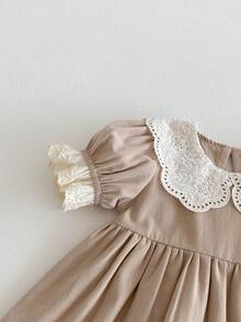 Miniweenns 1pc Baby Girl Academy Style Hollow Peter Pan Collar Puff Short Sleeve Loose Fit Dress - Khaki - View 6