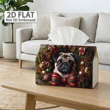 1pc 2D Flat Fabric Tissue Box Cover, Non-Embroidered Printed Christmas Wreath Pug Pattern With Pinecones, Colorful Balls, Stripes And Bows, Holiday Tissue Storage Sleeve, Fits Most Tissues, Sofa Bedside Cabinet Dining Room Home Decor - A - View 1