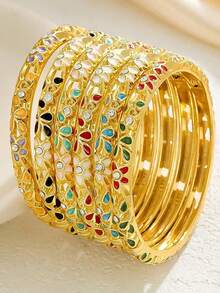 1pc Hollow Enamel Drip Glaze Women's Bracelet, Gold-Plated Floral Enamel Bracelet, Fashionable Luxury Jewelry Gift - Multicolor - View 1