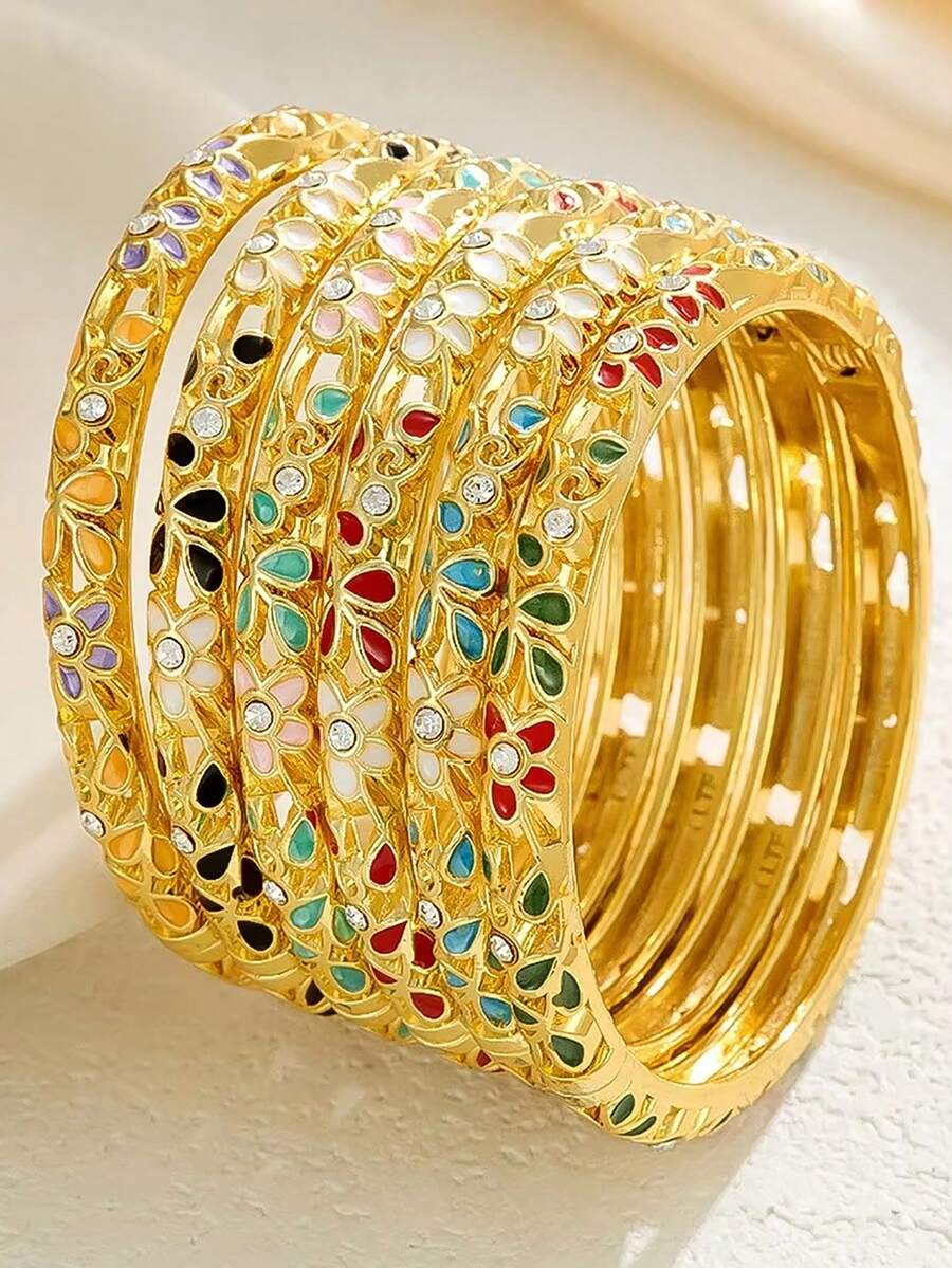 1pc Hollow Enamel Drip Glaze Women's Bracelet, Gold-Plated Floral Enamel Bracelet, Fashionable Luxury Jewelry Gift - Multicolor - View 1