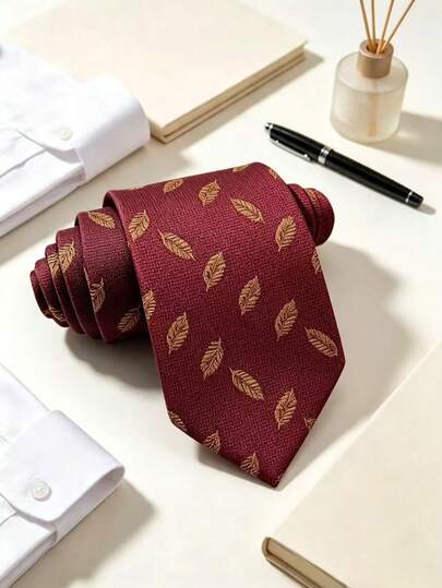 1pc Men's Vintage Gold Leaf Print Hand-Tied 8CM Business Formal Tie, Suitable For Business, Banquet, Cocktail Party, Party, Business Trip, Travel, Birthday, Festival, Party