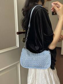 2026新款鏈條個性化日常極簡印花女款單肩腋下包手提包 - 藍色 - 查看 3