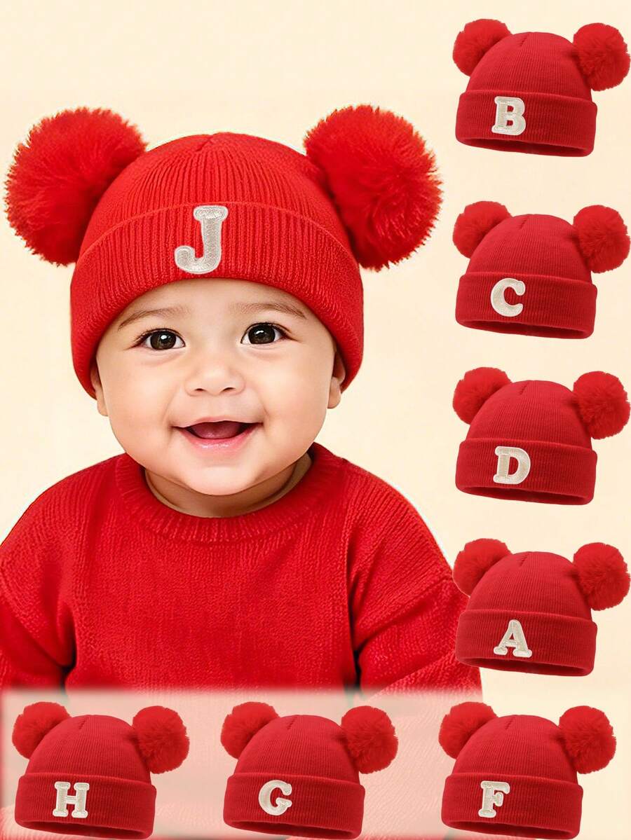 1pc Personalized Letter Embroidered Baby Knit Hat, Double Pom Pom Bear ...
