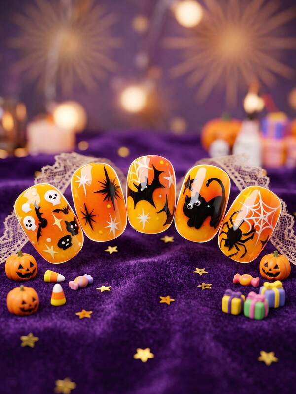 24pcs Kids Girls Press-On Short Artificial Nails, Halloween Orange Gradient Cartoon Wearable Nails, Featuring Ghost, Bat, Black Cat, Spider, Spider Web, Star Pattern Designs, Classic Halloween Dark Cartoon Elements, Sweet & Cool Cute Style, Full Coverage Short False Nail Set, Girls Gift, Nail Art Decoration