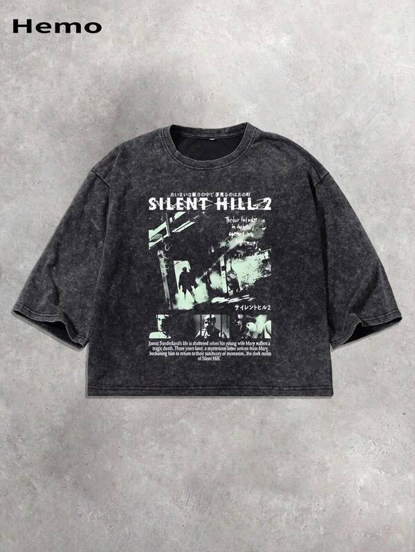 Kaos Pria Gaya Jalanan Musim Panas Vintage Poster Grafis Kotak Persegi, Atasan Crop Kotak Kasual Hitam Pudar Elastis untuk Pemakaian Sehari-hari