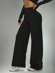 1pc Women's Solid Color Loose Yoga Wide Leg Pants, Comfortable Slim Fit Versatile, Suitable For Running, Fitness And Yoga - Black - View 5