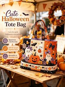 1pc Women's Halloween Tote Bag & Coin Purse Set - Large Capacity Crossbody Bag, Storage Bag, Organizer Bag, Women's Beach Bag, Also Can Be Used As Makeup Bag, Laundry Basket, Cute Pumpkin & Bat Print, Machine Washable & Reusable Tote Bag, Suitable For Travel, Shopping, Daily Use, Holiday Essential, Travel Essential, Gift Essential - View 9