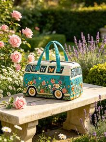 1pc Floral Bus Travel Storage Bag, Foldable Storage Bag, Multi-Functional Storage Bag, Butterfly Floral Bus Pattern Design, Simple And Fashionable. Large Capacity Handbag Style, Suitable For Outdoor, Travel, Gym, Dorm Storage, Holiday Gift, Travel Bag, Toiletry Bag, Makeup Bag, Travel Essential, Back To School, Halloween, Gift Essential, Home Storage Essential - Multicolor - View 7