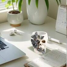 1pc Halloween Skull Planter Decor, Gothic Skeleton Head Flower Pot With Butterfly Design, Spooky Home Tabletop Decoration, Party Ornament - Multicolor - View 6