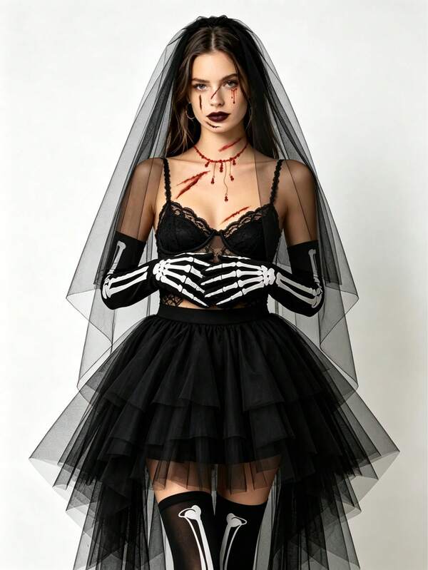Halloween Gothic Ghost Bride 5-Piece Costume Accessory Set, Red Blood Drop Beaded Choker, Skeleton Bone Pattern Long Opera Gloves, Asymmetrical Black Tulle Skirt, Full Skeleton Over-The-Knee High Socks, Death Bride Vampire Masquerade Dark Wedding Cosplay Outfit For Women
