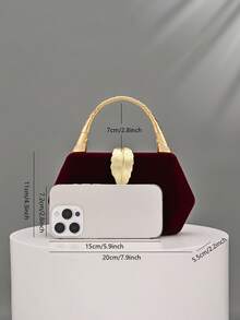 1pc Burgundy Velvet Metal Leaf Evening Clutch, Luxury Bamboo Joint Rhinestone Handle Handbag, Wedding Bride Toasting Bag, Banquet Dress Cheongsam High-End Crossbody Chain Small Bag - Burgundy - View 3