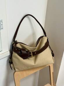 Vintage Contrast Color Belt Buckle Shoulder Crossbody Bag, Large Capacity Canvas & Leather Patchwork Tote Bag, Fashionable Versatile Commuter Handbag For Women - A - View 13