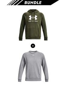 [حزمة] هودي رجالي UA Rival Fleece بشعار + سويتشيرت رجالي Under Armour Rival رمادي - أخضر عسكري + رمادي - مشاهدة 1