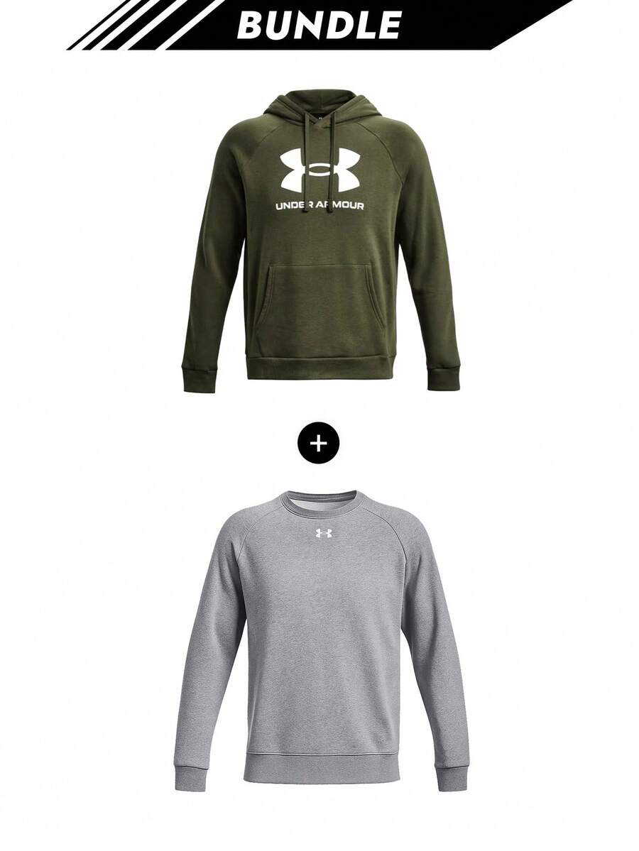[حزمة] هودي رجالي UA Rival Fleece بشعار + سويتشيرت رجالي Under Armour Rival رمادي - أخضر عسكري + رمادي - مشاهدة 1
