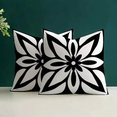 2PCS Black And White Mandala Floral Square Pillow Cover, Minimalist Modern Bohemian Neutral Home Decor Pillow Cover, Single-Sided, Pillow Insert Not Included