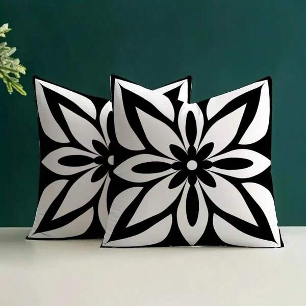 2PCS Black And White Mandala Floral Square Pillow Cover, Minimalist Modern Bohemian Neutral Home Decor Pillow Cover, Single-Sided, Pillow Insert Not Included