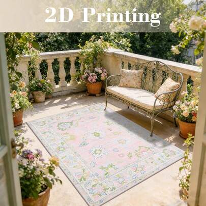2D Flat Printing Outdoor Carpet With Pink Mint Antique Floral Border Rug Print Pattern- Home, Bedroom, Living Room, Window Hammock Mat, Door Mat. Suitable For Homes, Outdoors, Malls & More. Easy To Clean, Machine Washable. Multiple Sizes Available.