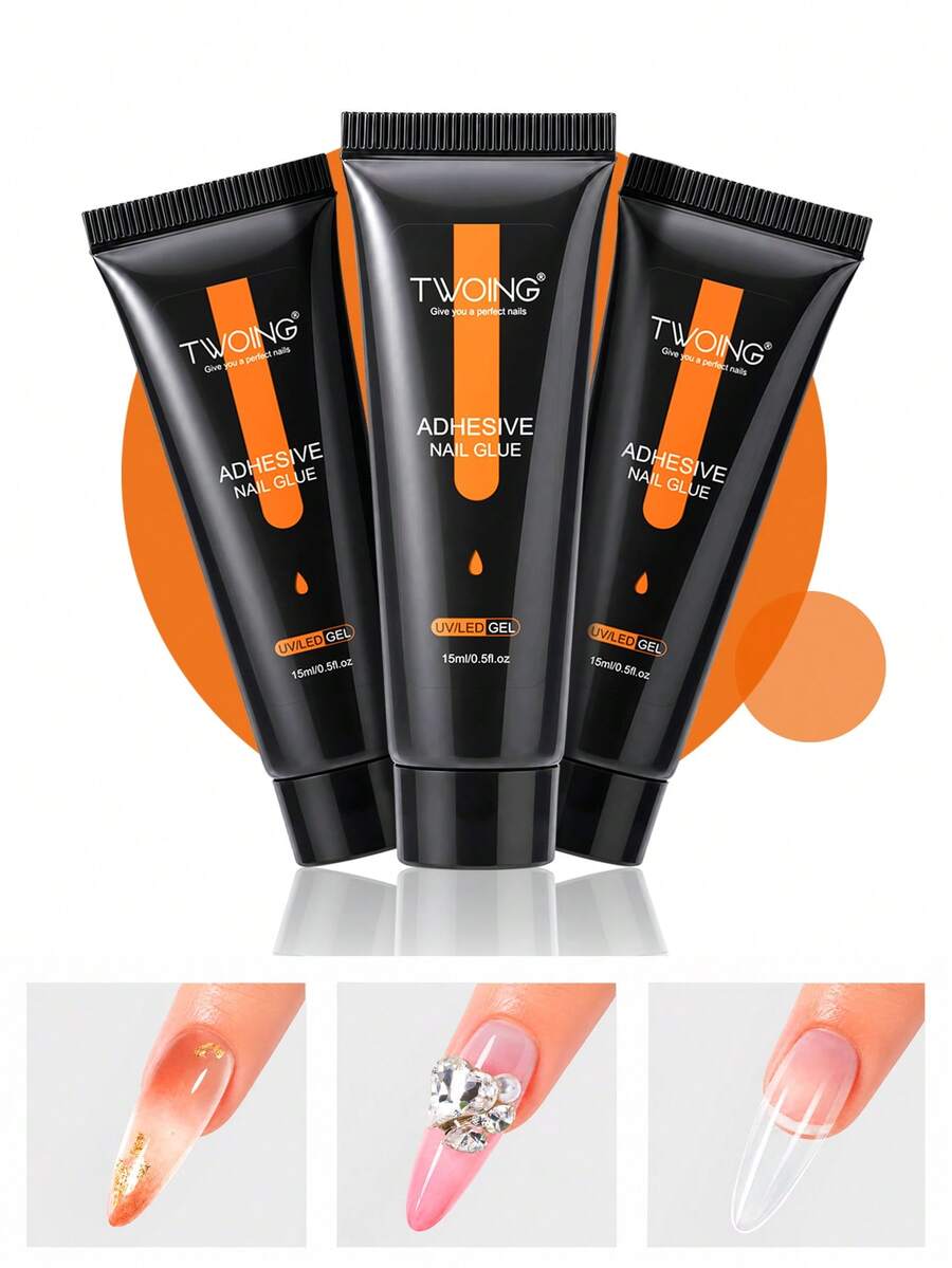 TWOING 3pcs/1pc 15ml Semi-Solid Nail Tips Glue Gel For False Nails, Press-On Tips, Rhinestones & Resin Gems, Long-Lasting Home Nail Art, UV/LED Lamp Required
