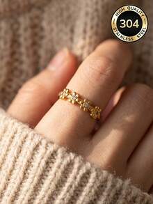 1 Pc 304 Stainless Steel 18K Gold Plated Dainty Adjustable Open Ring With Five Small Flowers Inlaid With MultiColor Rhinestones/Waterproof And Fade-R - Ring - View 1