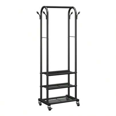 Clothes Rack, Rolling Clothing Garment Rack With Hanging Rod And Side Hooks, 3 Storage Shelves, 99 Lbs Load Capacity, Heavy Duty Carbon Steel Clothing Racks Bedroom, Laundry, Living Room