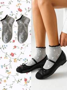 5 pares de calcetines lindos. Calcetines cortos con borde de volantes y estampado floral para la temporada de regreso a la escuela. - Multicolor - Ver 1