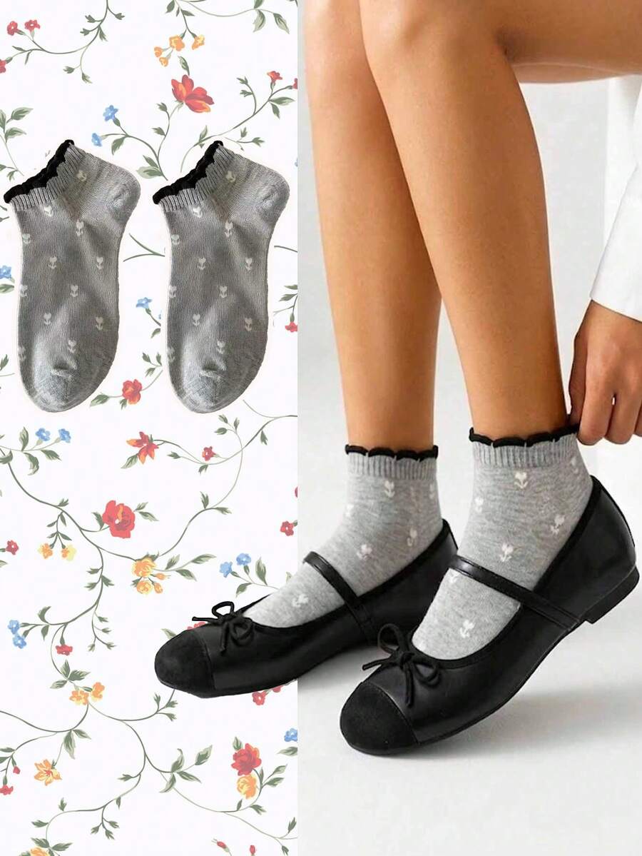 5 pares de calcetines lindos. Calcetines cortos con borde de volantes y estampado floral para la temporada de regreso a la escuela. - Multicolor - Ver 1