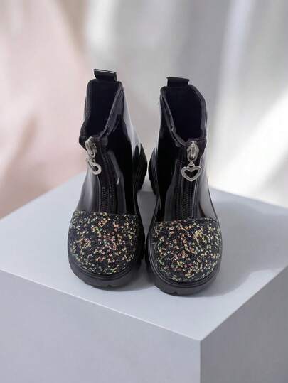 1 Pair 2026 Girls' Sequin Heart Zipper PU Round Toe Mid-Calf Chunky Heel Boots, Princess Style, Party & Daily Wear
