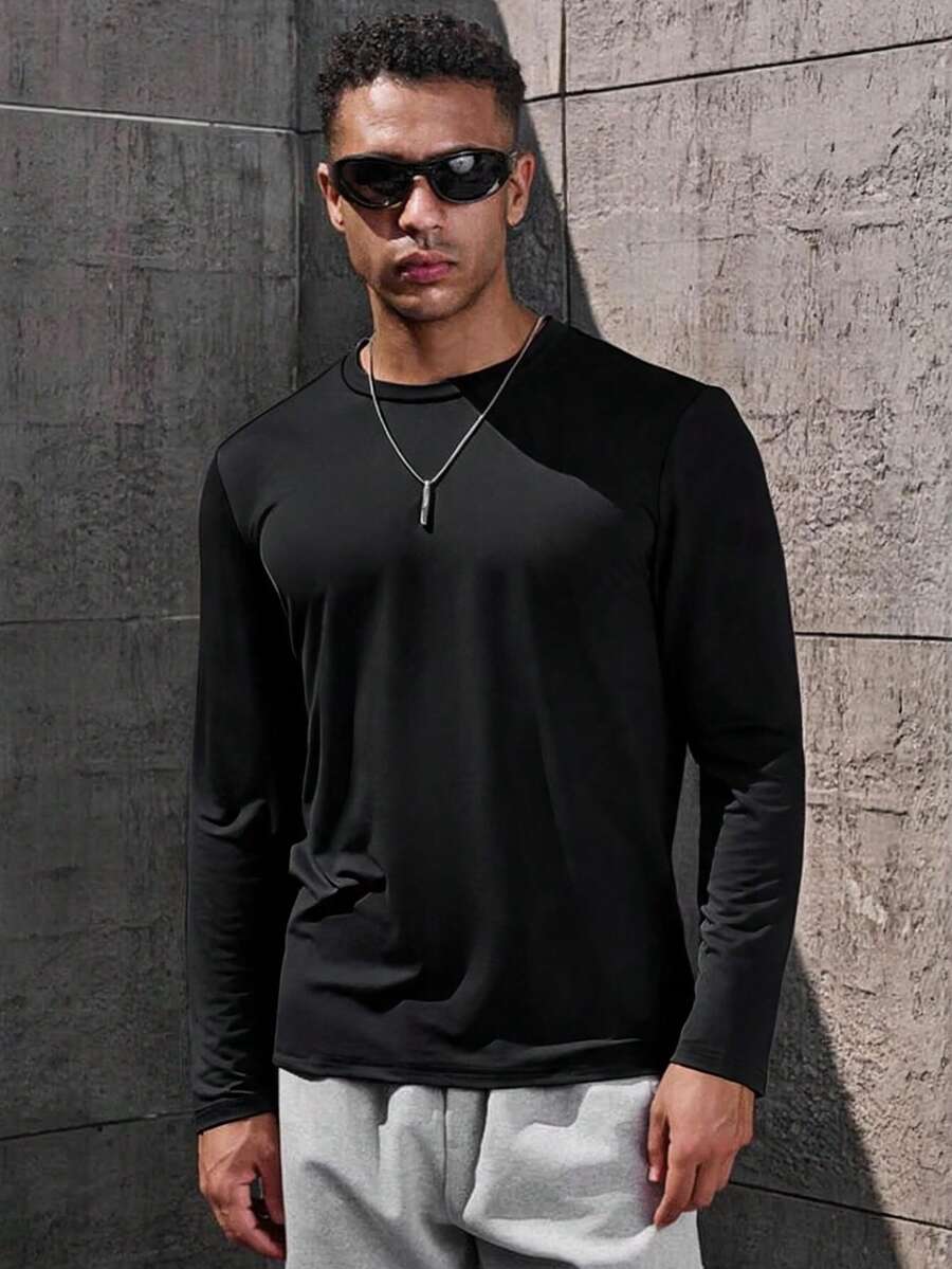 Men's Crew Neck Long Sleeve T-Shirt, Slim Fit Solid Color Basic Casual Sports Undershirt - Black - View 1
