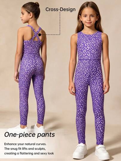 Children's Yoga Jumpsuit, Girls' Purple Leopard Print Gym Running Training Outfit, Backless Criss-Cross Slim Fit Sports One-Piece Long Pants