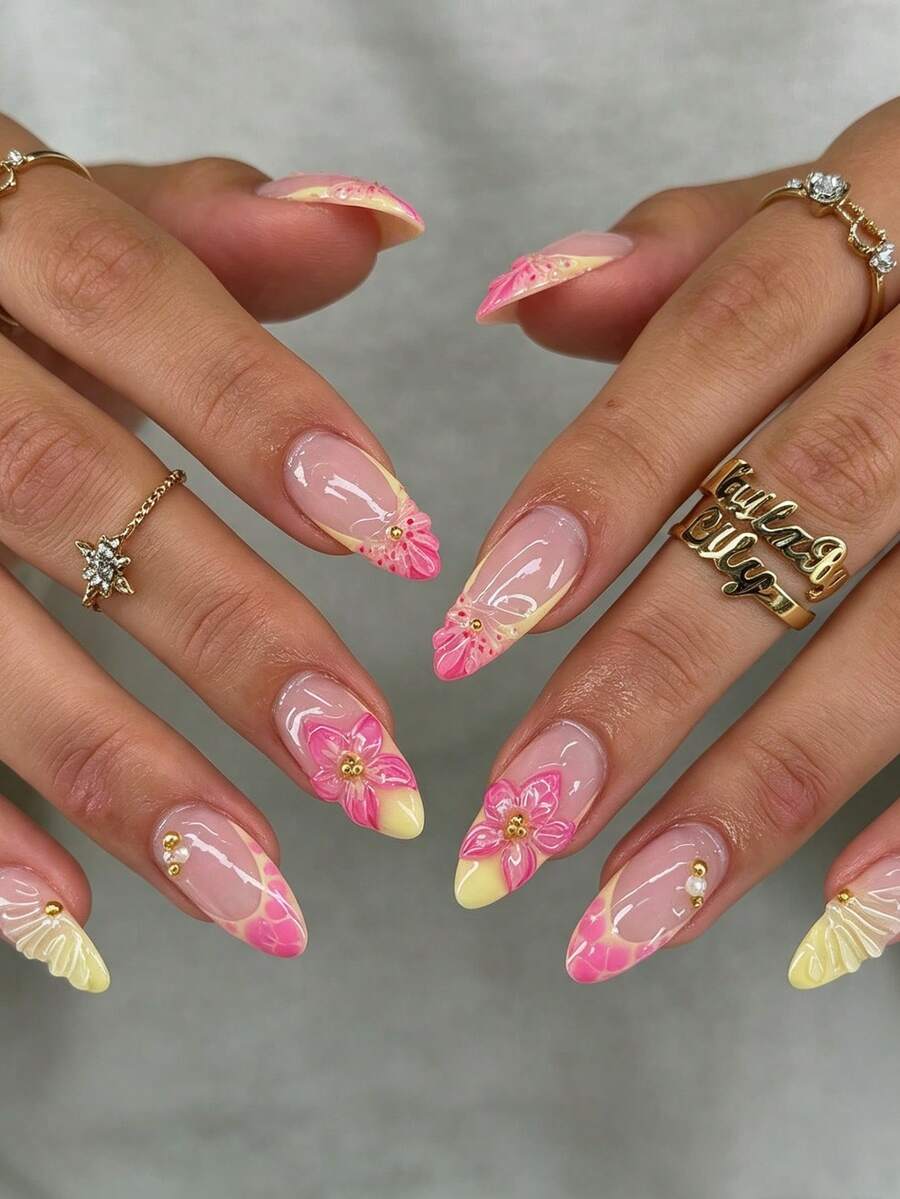 24 Peças Unhas Postiças em Formato de Amêndoa 3D Gel Elegante e Descolado, Amarelo Creme, Rosa, Bloco de Cor, Pontilhado, Gradiente Floral, Contas de Aço Dourado, Linha de Pérola, Francês, Brilhante, Brilhante, Branco, Unhas Postiças da Moda Versáteis e Usáveis, Adequadas para Encontros, Festas, Primavera, Verão, Mulheres e Meninas, Outono, Inverno, Uso Diário, Conjunto de Unhas Removíveis com Cola de Gelatina e Lixa de Unha, Fácil de Usar e Durável, Cola de Gelatina Enviada Aleatoriamente - Multicolorido - Visão 1