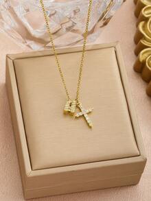 1pc Gold Tone Letter A -Z And Cross Pendant Necklace For Girls Sparkly Rhinestone Holiday Party Vacation Daily Wear Celebration Jewelry Gift - Gold - View 4
