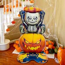 1pc Large Base Halloween Skeleton Pumpkin Balloon, Standing Skeleton Pumpkin Balloon, Suitable For Halloween Decoration, Birthday, Trick Or Treat, Horror Theme Atmosphere Decor, Room Decoration, Skeleton Outdoor Decor - Multicolor - View 3