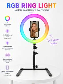 10-Inch RGB Ring Light With Boom Arm And Stand, Dimmable LED Ring Light, Suitable For Overhead Shooting, 3 Modes + RGB Colors, 10%-100% Brightness Adjustment, Live Streaming, Video Conferencing, Photography And Vlog Recording, USB Powered - RGB - View 1
