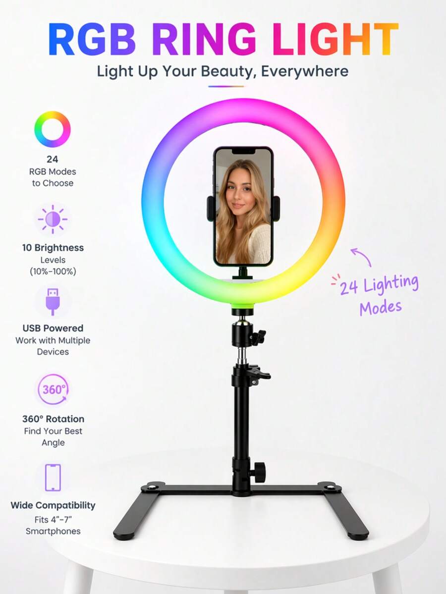 10-Inch RGB Ring Light With Boom Arm And Stand, Dimmable LED Ring Light, Suitable For Overhead Shooting, 3 Modes + RGB Colors, 10%-100% Brightness Adjustment, Live Streaming, Video Conferencing, Photography And Vlog Recording, USB Powered - RGB - View 1