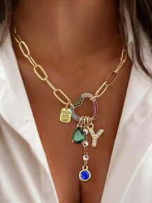 1pc Gold Letter Necklace, Luxury Heart-Shaped Lock With Lock And Green Diamond Pendant Necklace, Exquisite Holiday Party Gift For Women - Yellow Gold - View 17