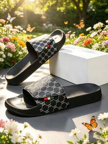 1 Pair Vintage Plaid Pattern Slip-On Slides, Soft Sole, Bouncy, Suitable For Indoor, Outdoor, Beach And Other Scenarios, Couple Style, Adjustable Hook And Loop - Black - View 5