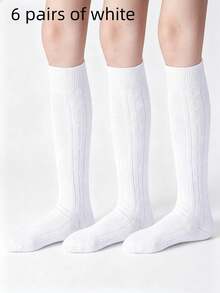 6/1 Pair Cable Knit High Tube Socks, Unisex Kids Seamless Uniform Dress Socks, Suitable For Autumn/Winter Daily Wear, Back To School, White, Navy Blue - Multicolor - View 18