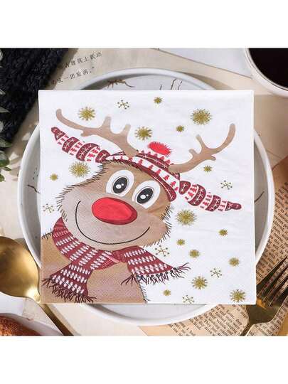20pcs/Bag Christmas Reindeer Napkins Cartoon Elk Pattern Napkins 6.5 Inches 2 Layers Native Wood Pulp Paper Suitable For Christmas Party Decoration Restaurant Kitchen Supplies,Christmas Dec