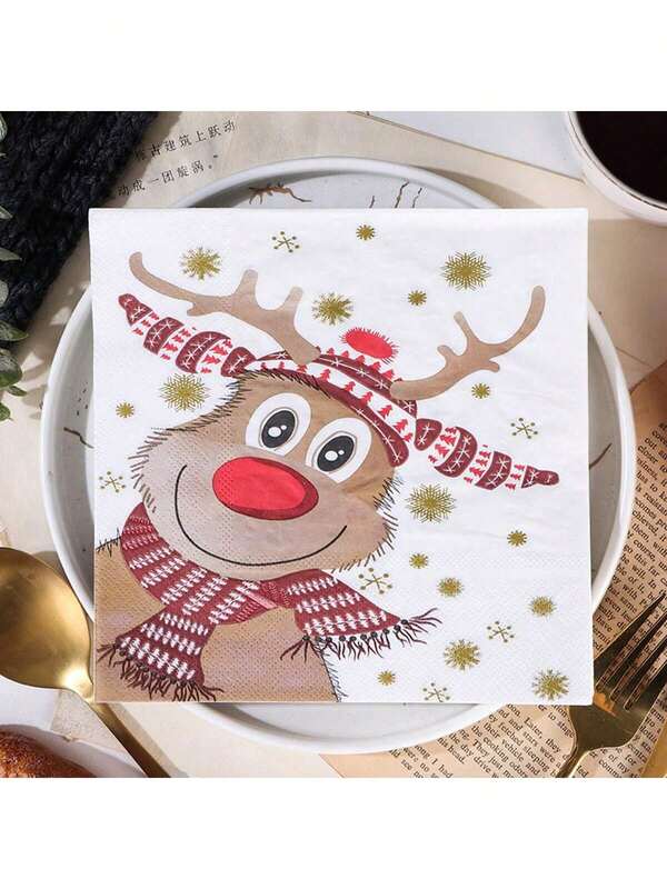 20pcs/Bag Christmas Reindeer Napkins Cartoon Elk Pattern Napkins 6.5 Inches 2 Layers Native Wood Pulp Paper Suitable For Christmas Party Decoration Restaurant Kitchen Supplies,Christmas Dec