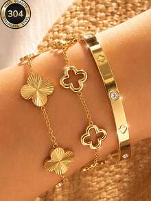 Znice Fashion Stainless Steel + Copper 18K Gold Plated Women's Floral Rhinestone Bracelet With Luxury Four-Leaf Clover Bracelet Set, Suitable For Women's Daily Wear, Holiday Gift, Fashion Women's Bracelet Set - Gold - View 2